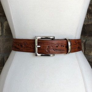 Vintage Belt Tooled Leather Western Brown USA